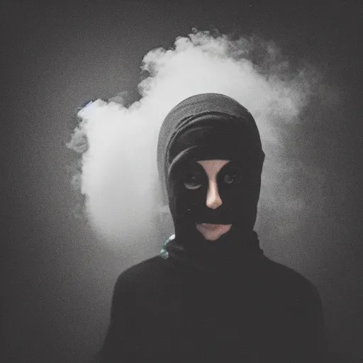 Image similar to an intimate portrait of a teenager wearing a black balaclava in a tear gas cloud, facing camera, emotionnal, smoke, riot, black block, photojournalism, f 2, nikon, studio portrait, bokeh, sharp focus, haze, volumetric lighting, intense, eerie, by annie leibovitz, visa pour l'image, prix nadar
