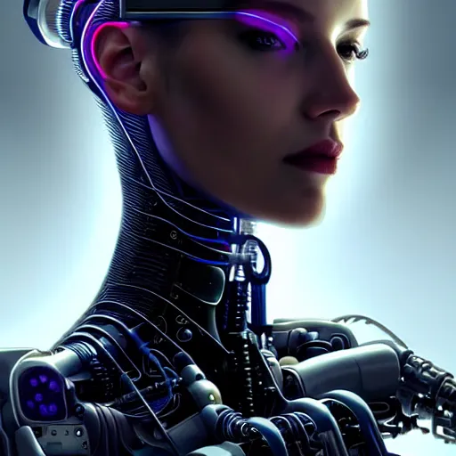 Image similar to Perfectly-Centered Half-body-Portrait of a Mechanical Cyberpunk Female Android, intricate, elegant, super highly detailed, professional digital painting, artstation, concept art, smooth, sharp focus, no blur, no dof, extreme illustration, Unreal Engine 5, Photorealism, HD quality, 8k resolution, cinema 4d, 3D, beautiful, cinematic, art by artgerm and greg rutkowski and alphonse mucha and loish and WLOP