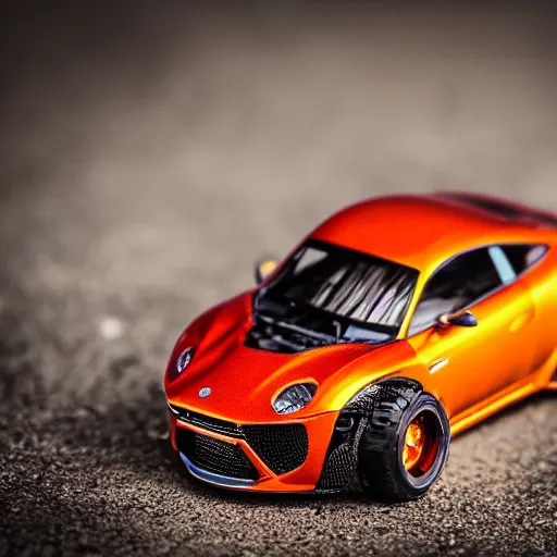 Prompt: hotwheels car with mecanum wheels, macro photography, professional