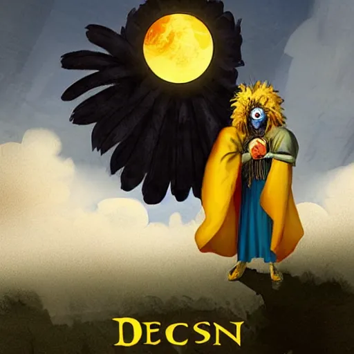 Image similar to An anthropomorphic raven wearing frayed yellow robes while worshipping a solar eclipse. Character art. D&D. No mans land.