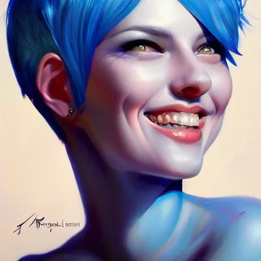 Prompt: a beautiful painting of a smiling woman with stylish short blue hair and sparkling blue eyes representative of the art style of artgerm and wlop and peter mohrbacher, portrait, kind smile
