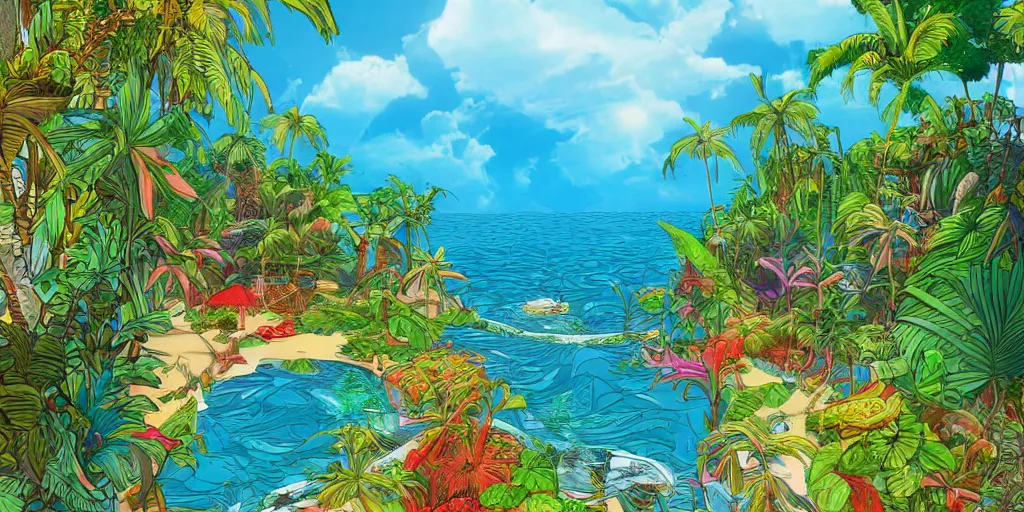 Image similar to tropical island, 8 k, high resolution, detailed drawing, beautiful hd, art nouveau, concept art, colourful, in the style of vadym meller