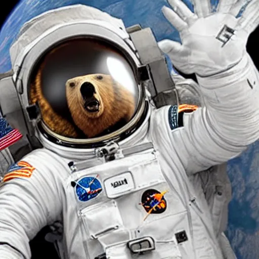 Image similar to an astronaut fighting a bear