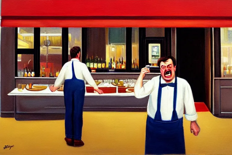 Image similar to a grumpy busser in a restaurant yells at the owner, art by dean macadam