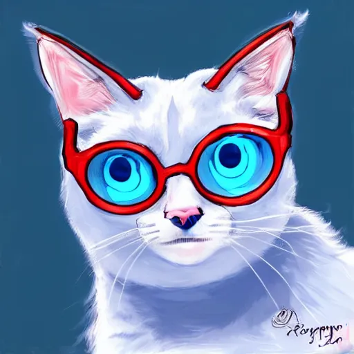 Prompt: furry art of a blue snowshoe cat with red glasses, digital painting, detailed, cute, big bright blue iris eyes, high resolution, trending on furaffinity