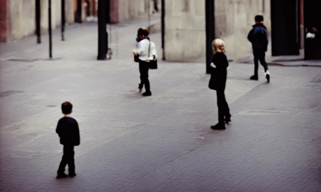 Image similar to 4x5 styled street photography, pastel colours, abstract composition, rule of thirds, decisive moment, pastel colours enshrouding, grainy, shallow depth of field, 35mm lens