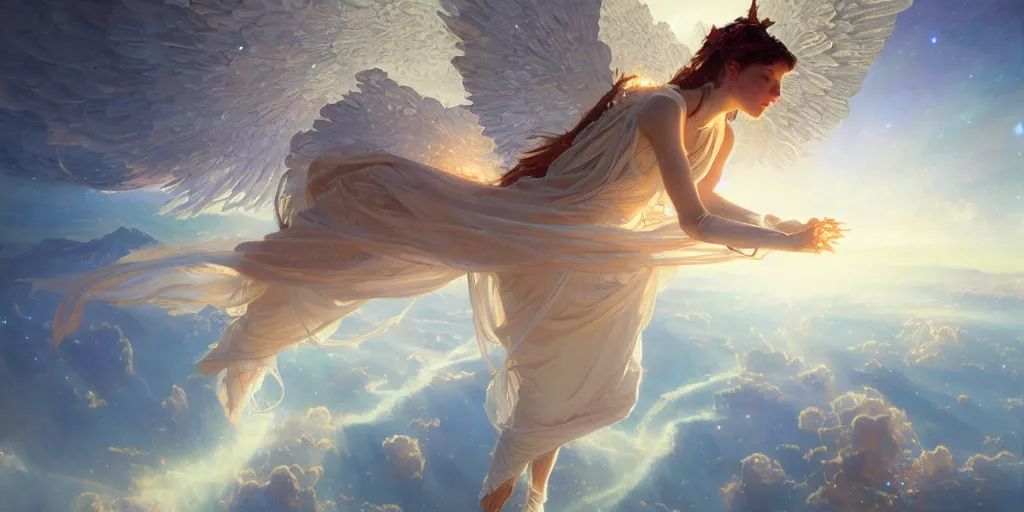 Image similar to robotic angel falling from heaven, girl, beautiful, intrinsicate detail, 4 5 degree angle, la creazione, cosmic clouds, unreal engine, redshift, sword, highly detailed, digital painting, artstation, concept art, sharp focus, illustration, art by greg rutkowski and alphonse mucha