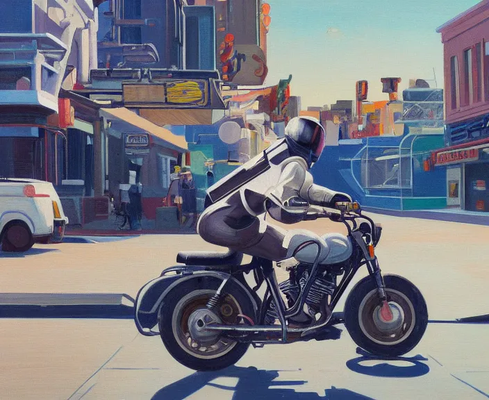 Image similar to a very detailed painting of a astronaut wearing a suit, riding a motorbike down a street, harley davidson motorbike, worm's - eye view, very fine brush strokes, very aesthetic, very futuristic, in the style of edward hopper and grant wood and syd mead, 4 k,