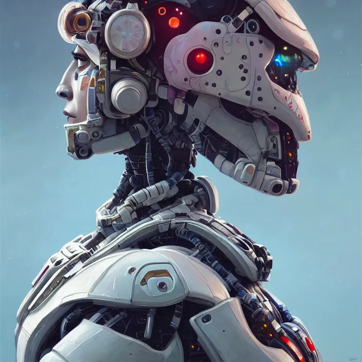 Image similar to portrait of a robot astronaut, floral! horizon zero dawn machine, intricate, elegant, highly detailed, digital painting, artstation, concept art, smooth, sharp focus, illustration, art by artgerm and greg rutkowski and alphonse mucha, 8 k