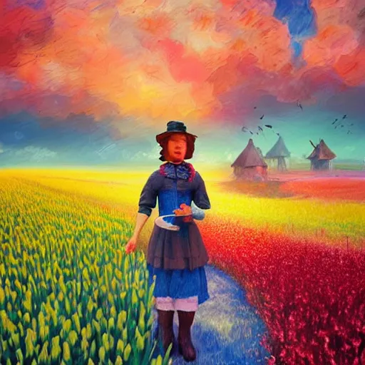 Image similar to dutch girl with singular giant tulip as a head, surreal photography, flower field, sunset dramatic light, impressionist painting, colorful clouds, blue sky, digital painting, artstation, simon stalenhag