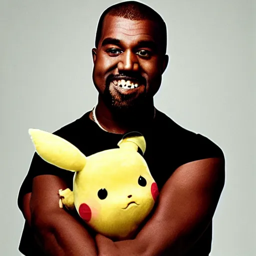 Image similar to kanye west smiling holding pikachu for a 1 9 9 0 s sitcom tv show, studio photograph, portrait c 1 2. 0