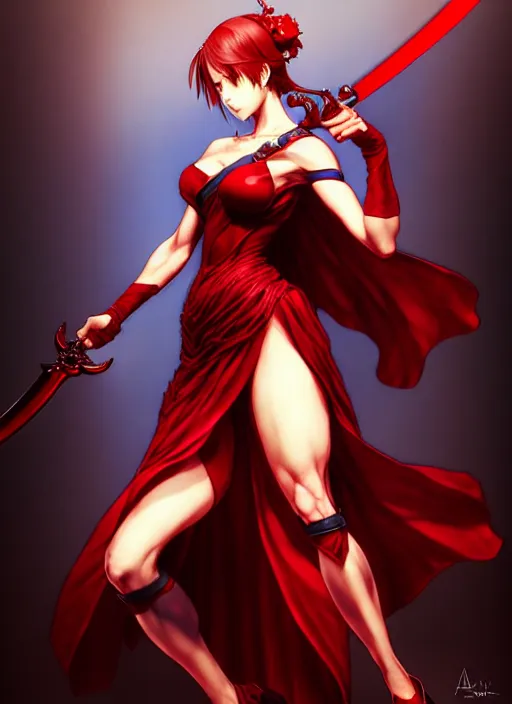 Prompt: a woman in a red dress holding two swords, a character portrait by Akihiko Yoshida, by artgerm and Mark Brooks, pixiv contest winner, vanitas, official art, 2d game art, polycount