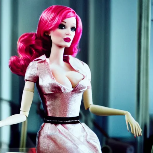 Image similar to amazing beautiful Christina Hendricks barbie doll wearing leather in the living room, film still from the movie directed by Denis Villeneuve , wide lens