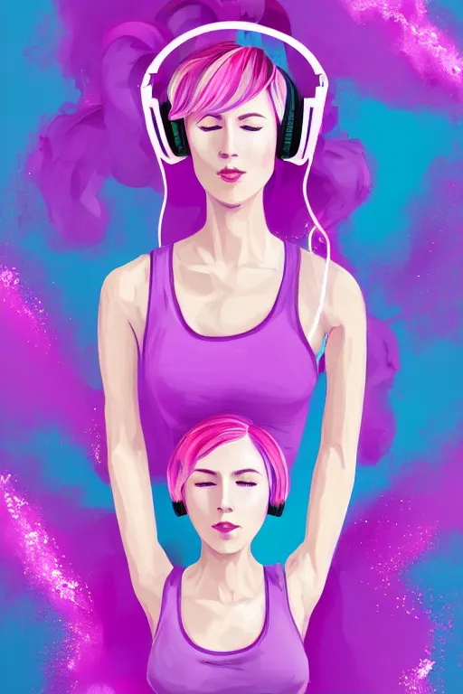 Image similar to a award winning half body portrait of a beautiful woman in a croptop and cargo pants with ombre purple pink teal hairstyle with head in motion and hair flying listenin to music on headphones by wlop, paint splatter, outrun, vaporware, shaded flat illustration, digital art, trending on artstation, highly detailed, fine detail, intricate