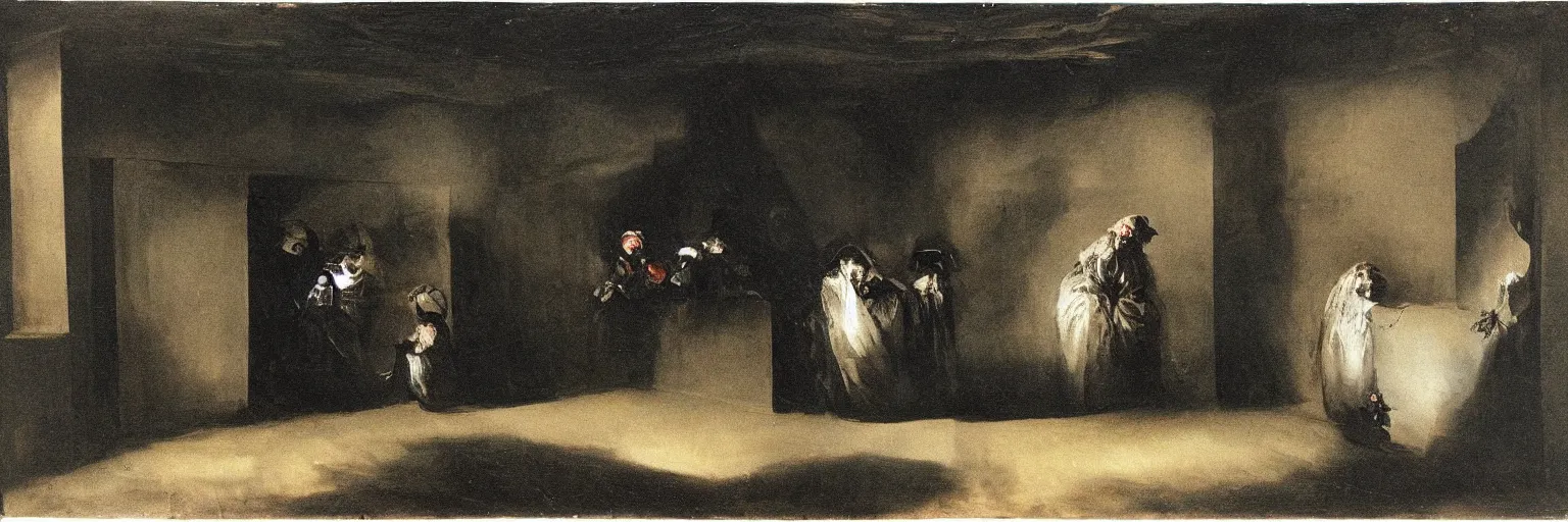Prompt: sinister black veiled goya painting of underground, basement, fisheye extra narrow, kitchen