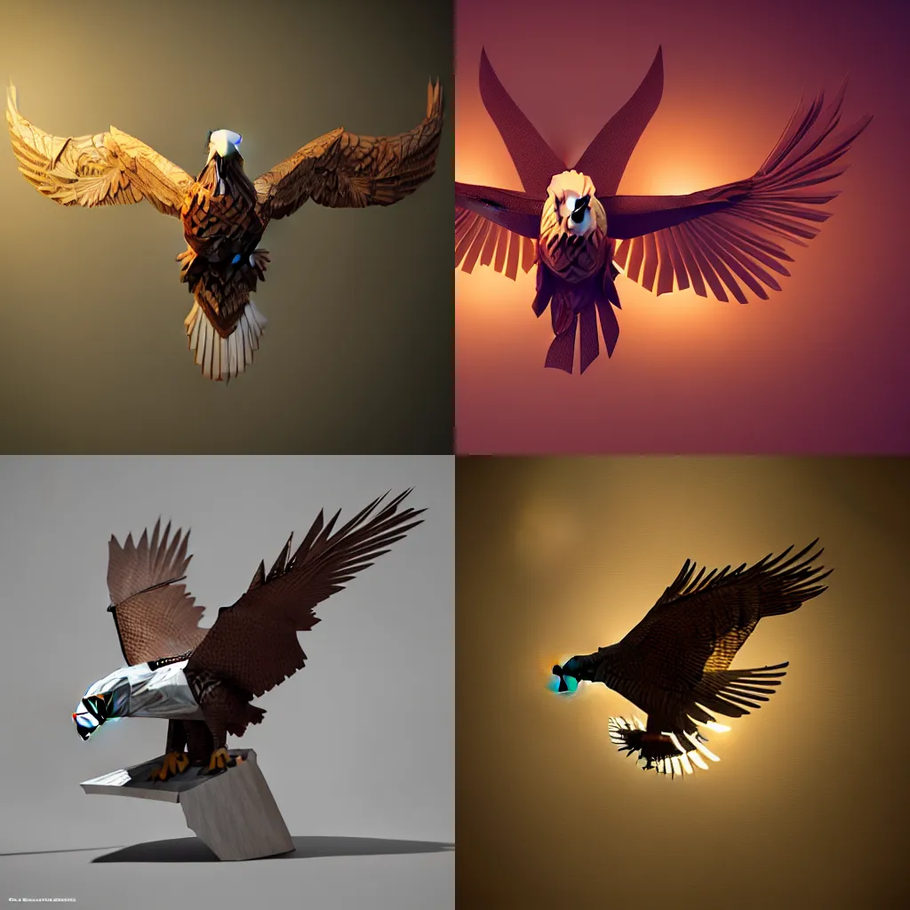 Prompt: papercraft eagle, amaro, art nouveau, magic aura, HD octane render, volumetric lighting, magical atmosphere