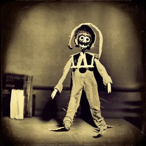 Image similar to alive, creepy marionette puppet, leaping towards viewer, horrific, unnerving, clockwork horror, pediophobia, lost photograph, dark, forgotten, final photo found before disaster, polaroid,