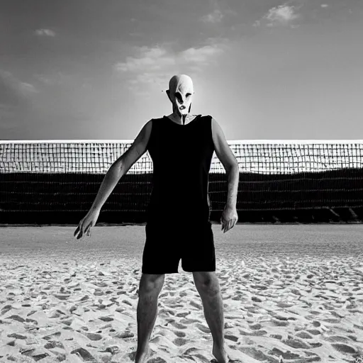Image similar to portrait of nosferatu playing beach volley, sport photography