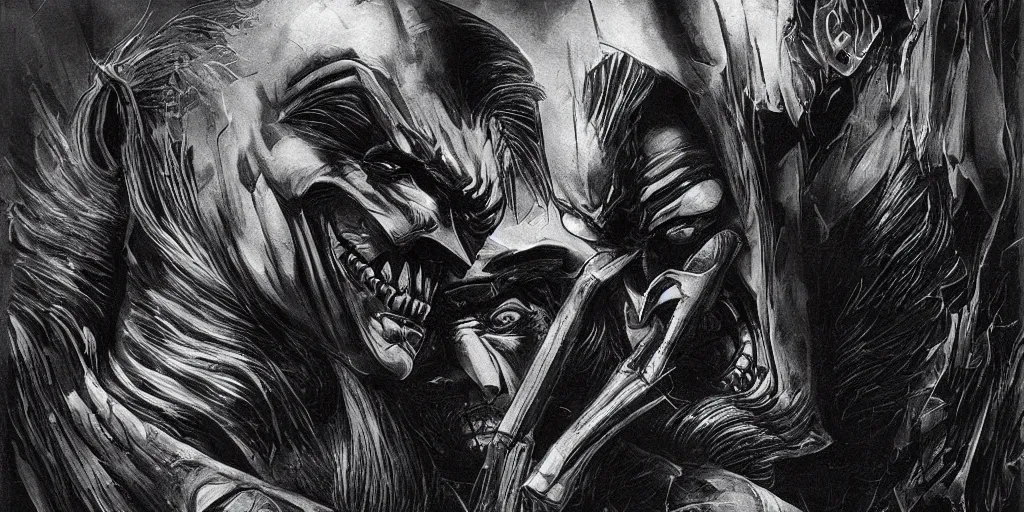 Prompt: Batman and Joker in the style of HR Giger and Zdzisław Beksiński