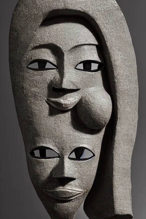 Image similar to a beautiful closed up with bokeh, of a beautiful crafted and rendered, abstract, black, grey porcelain sculpture, that is turning and twisting itself inside, rotated, there is almost a face i there, Egypt, African, mask, hyperrealistic and high details and minimalistic ornaments