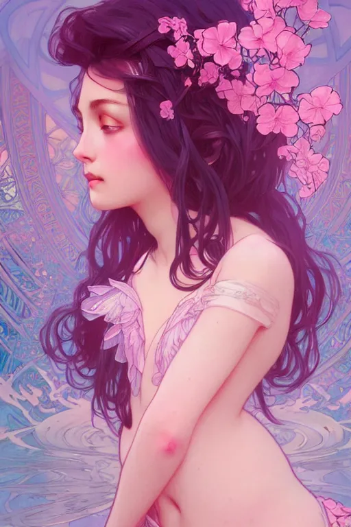 Image similar to beautiful pink blue, dark fantasy, intricate, elegant, highly detailed, digital painting, artstation, concept art, matte, sharp focus, illustration, art by artgerm and alphonse mucha