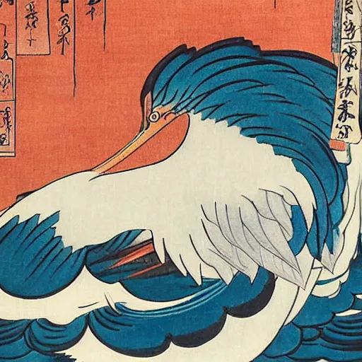 Image similar to 鶴 crane, in the style of hokusai, ukiyo-e