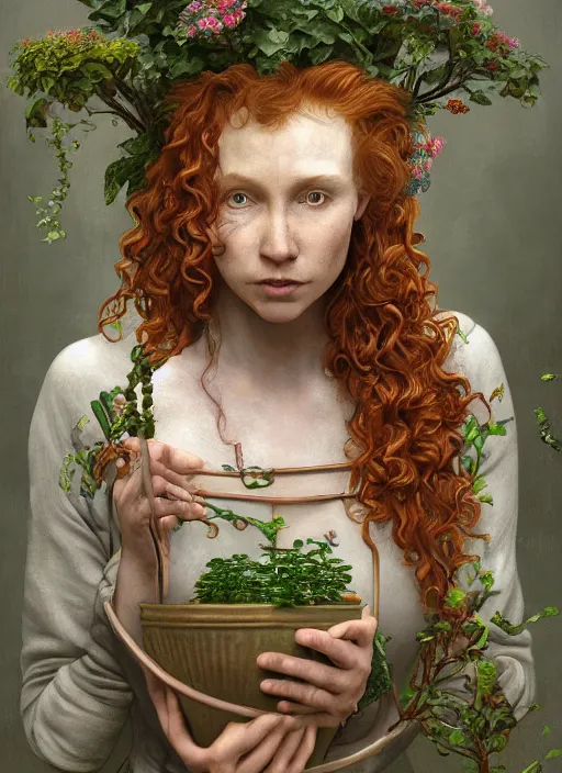 Image similar to curly redhead gardener wearing a giant flower pot as outfit physically accurate, moody dynamic lighting, very very intricate, very very elegant, highly detailed, digital painting, artstation, HR GIGER, Hieronymus Bosch, Francis Bacon, concept art, smooth, very beautiful, sharp focus, illustration, art by artgerm and greg rutkowski and alphonse mucha