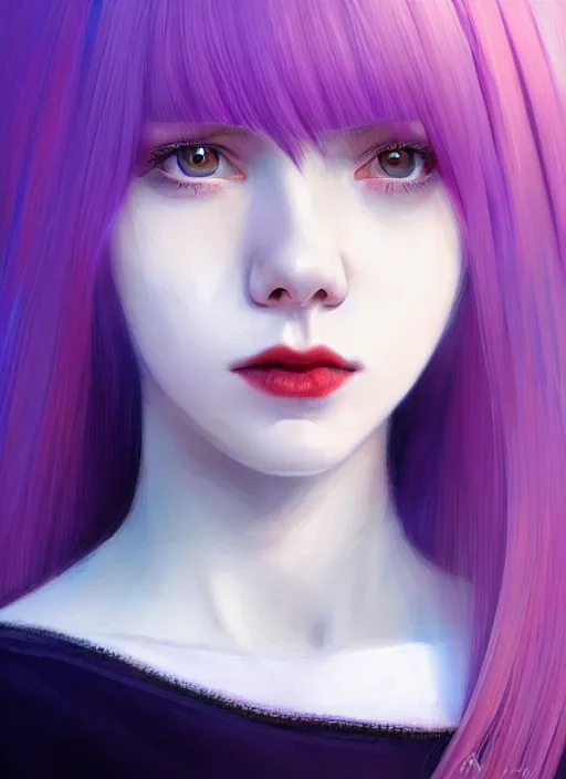 Image similar to hair whitebangs hair, black hair, whitebangs, portrait of teenage girl with white bangs, red irises, purple clothes, white bangs, bangs are different color from hair, intricate, elegant, glowing lights, highly detailed, digital painting, artstation, concept art, smooth, sharp focus, illustration, art by wlop, mars ravelo and greg rutkowski