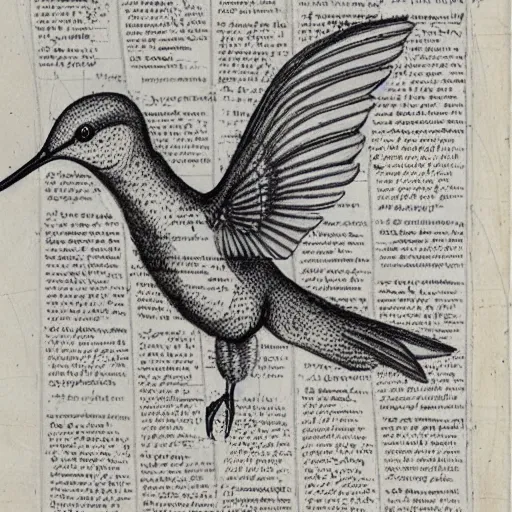 Prompt: full page scan of 1400s detailed hummingbird concept art, architectural section, plan drawing, page, paper, parchment, papyrus, fantasy, horror, occult, diagram, informative texts, graphs, notes, scribbles, hummingbird bird anatomy anatomical, blur