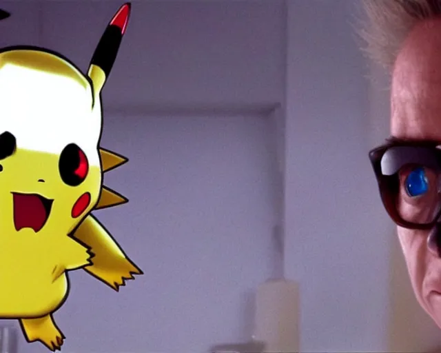 Image similar to Terminator pikachu, scene where his endoskelet gets exposed his eye glows red