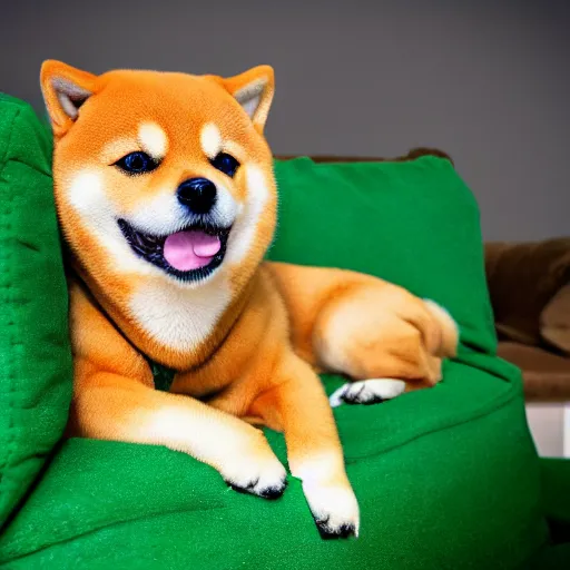 Image similar to a Shiba Inu wearing a green hoodie sitting on a couch, photo, trending on artstation, HDR, nicely detailed, 8k