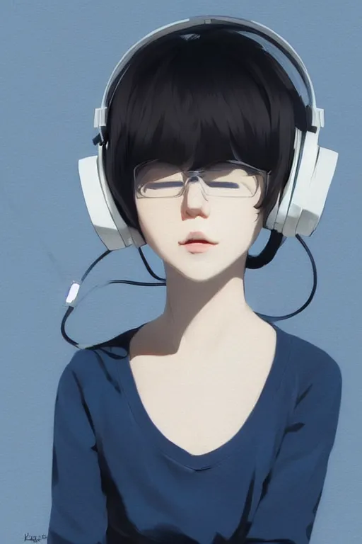Image similar to a cute young woman listening to music with her eyes closed and wearing headphones in the style of Ilya Kuvshinov and Range Murata, white bob cut hair, blue filter, blue and white, soft lighting, atmospheric, cinematic, moody, digital painting by Krenz Cushart, 8k