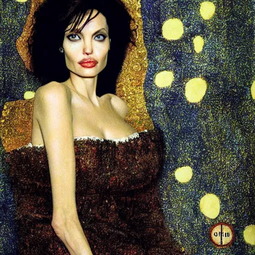 Image similar to an amazing award winning photo of angelina jolie as of adele bloch - bauer by gustav klimt