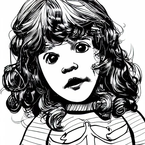 Prompt: clean simple line art of a little girl with short wavy curly hair. she is a super hero. white background. well composed, clean black and white line drawing, beautiful detailed face. illustration by charlie adlard and steve ditko