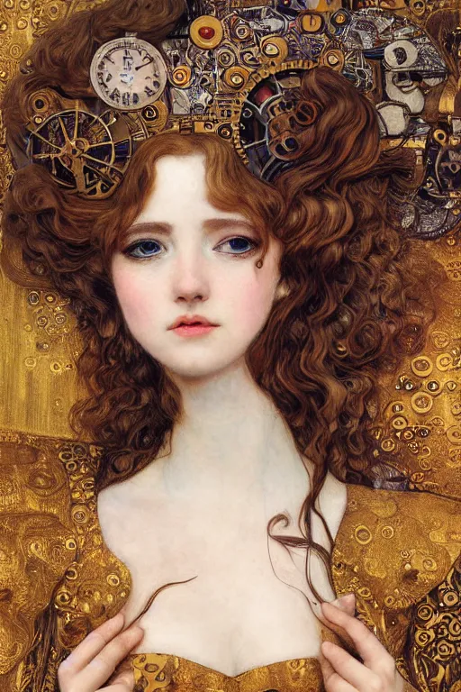 Image similar to beautiful young maiden, steampunk, highly detailed, artstation, illustration, art by Gustav Klimt