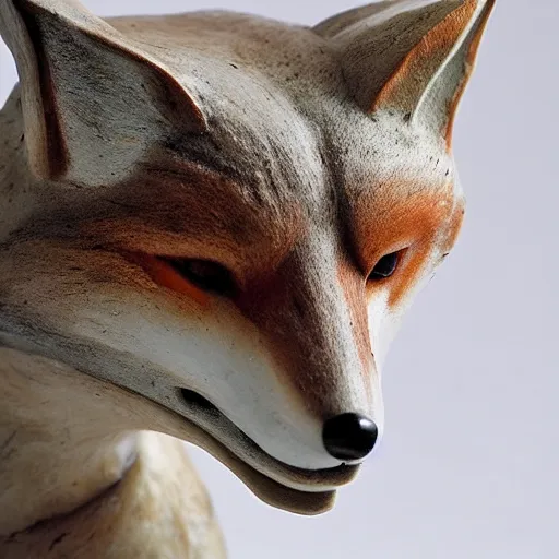 Prompt: A marble sculpture of a fox. Intricate detail, museum photo