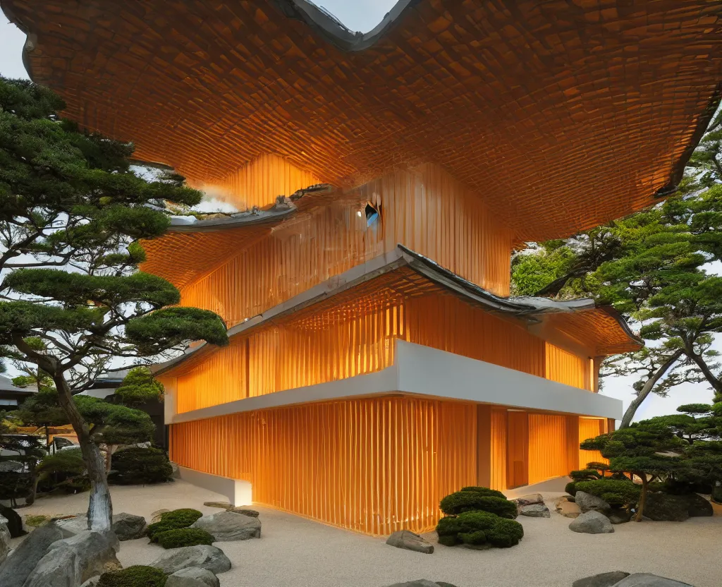 Prompt: real estate photo of the exterior of a futuristic japanese house with traditional japanese garden, dramatic lighting, smoke, ceiling fluorescent lighting, black and orange colour palette, wide shot, twinmotion render