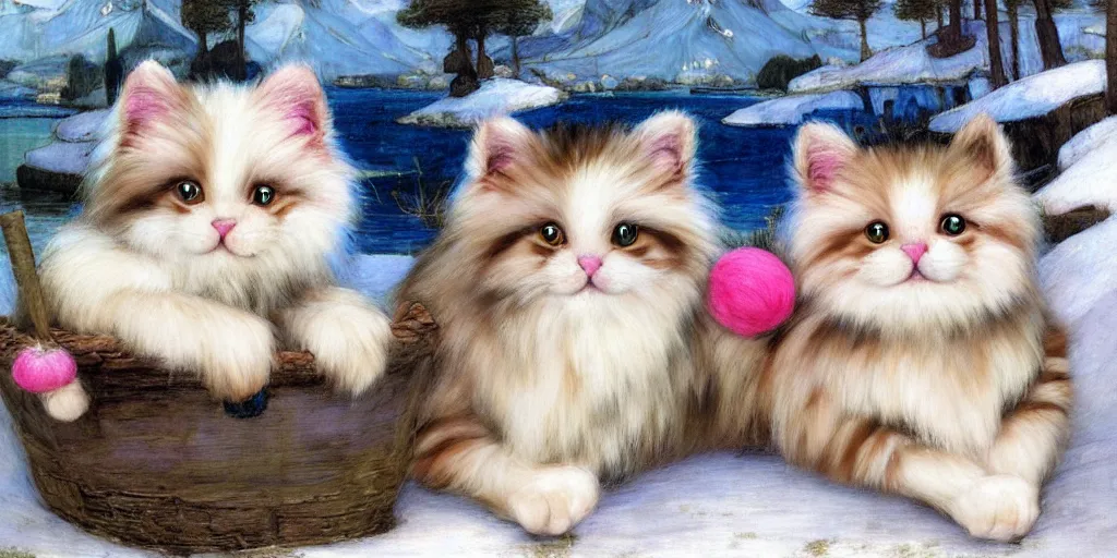 Image similar to 3 d precious moments plush cat with realistic fur and an blue / white / gray / green / pink / tan / mid pink / blue gray color scheme, snowy mountain landscape, master painter and art style of john william waterhouse and caspar david friedrich and philipp otto runge