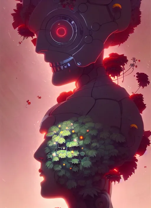 Image similar to illustrated by satoshi kon and greg rutkowski, a cyborg face in some plants with flowers and berries for a face, 6 0's retro sci - fi flat surreal design