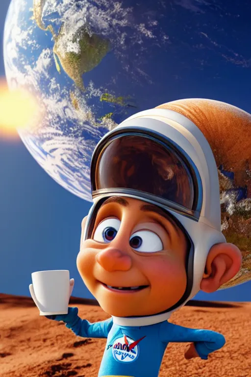 Image similar to portrait of a astronaut holding a cup of coffee with the earth in background, full body. pixar disney 4 k 3 d render funny animation movie oscar winning trending on artstation and behance, ratatouille style