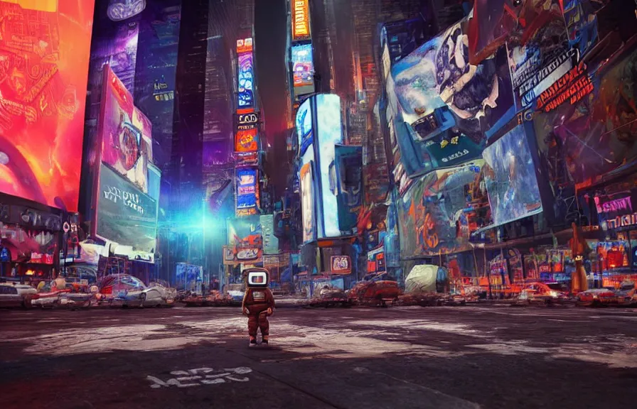 Prompt: A hyperrealistic low angle shot of a tiny astronaut , with a psychedelic mushroom on the screen, in a post apocalyptic Times square New York City, at night, unreal 5, DAZ, hyperrealistic, octane render, dynamic lighting