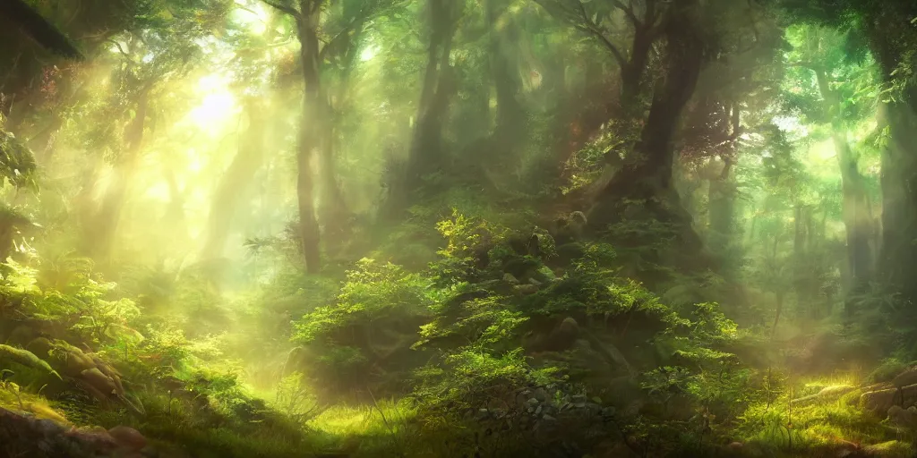 Prompt: a forest, cinematic angle, studio Ghibli, volumetric lighting, beautiful composition, intricate, elegant, digital art, detailed, oil painting, hyperrealistic, sharp focus, 8k