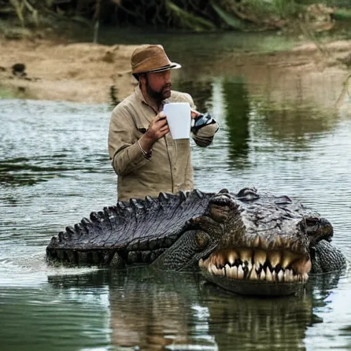 Image similar to photo of a man talking to a huge crocodile while having coffee, award - winning photograph, national geographic, high definition, trending on facebook, 8 k