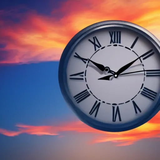 Image similar to a clock is flying above the sky, realistic
