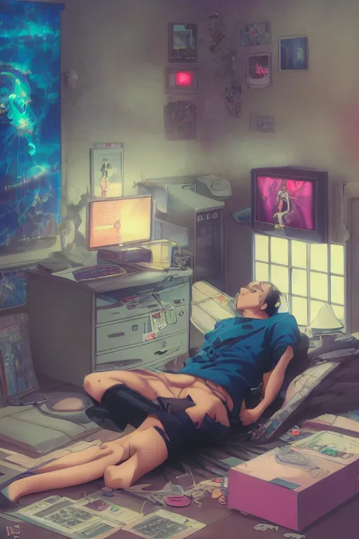 Prompt: anime manga guy laying on floor looking at computer, cluttered 9 0 s aesthetic bedroom, by artgerm, james jean, tom bagshaw, gerald brom, vaporwave colors, lofi colors, vaporwave, lofi, goth vibe, 4 k, smooth, hd, substance designer render, full body character concept art, symmetrical,