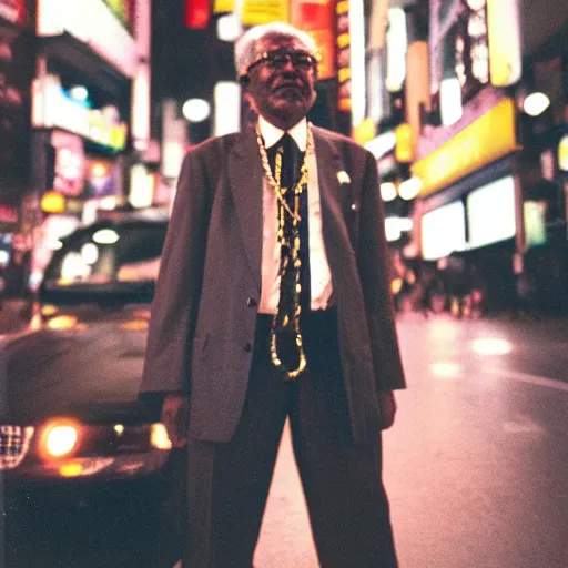 Image similar to old black man in tokyo at night, wearing gold chain, gold rings, cinestill 8 0 0,