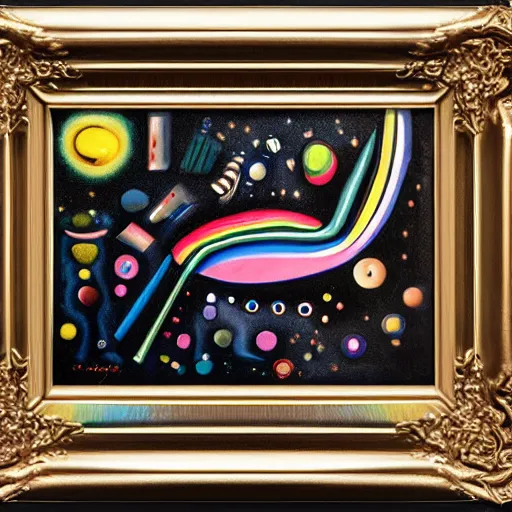 Image similar to an extremely high quality hd surrealism painting of the 3 d soul of polymer clay rainbow skinner blends by dali and kandinsky on a starry black canvas, 8 k, ultra realistic