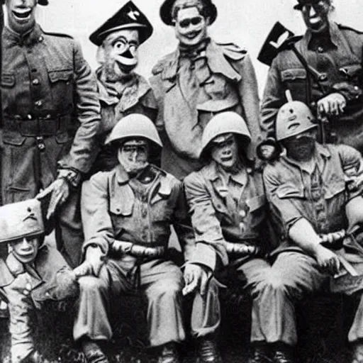 Prompt: old photo of muppets dressed as soldiers in world war 2