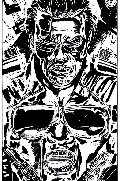 Image similar to arnold schwarzenegger as the terminator, a page from cyberpunk 2 0 2 0, style of paolo parente, style of mike jackson, adam smasher, johnny silverhand, 1 9 9 0 s comic book style, white background, ink drawing, black and white, colouring pages