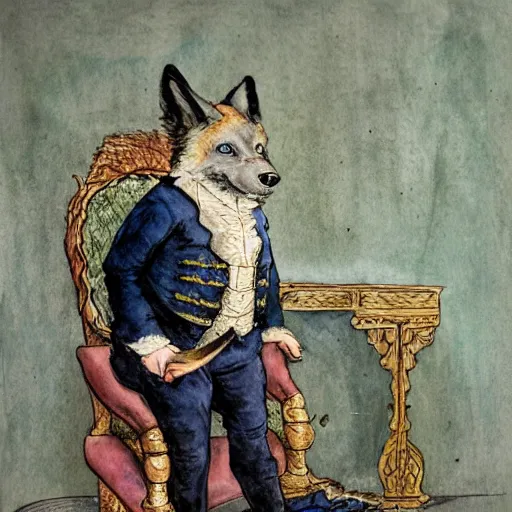 Prompt: hyper realistic painting of a werewolf royalty standing in a throne room, dressed in a 1800s royal outfit, traditional art, very fine detail and texture, royal workshop, in the art style of beatrix potter, Willem Wissing, watercolor, colored pencil, ink, oil, acrylic, early morning lighting